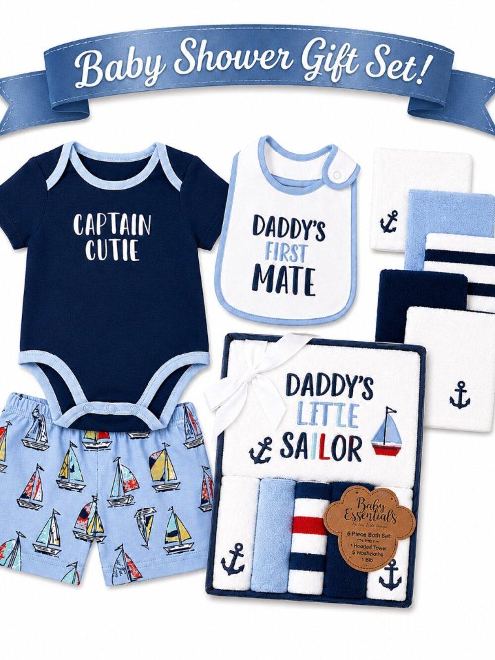 NWT Baby Essentials Nautical Sailor Baby Shower Gift Set 12M Onesie Bib Shorts
